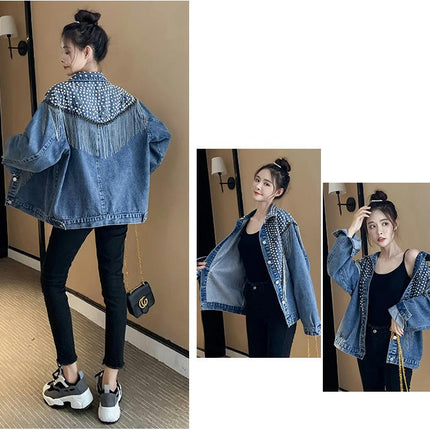 Casual Tassel Denim Jacket for Women Fashion Fringe Rhinestone Cowgirl Studded Jean Coats