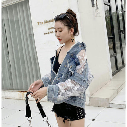 Women's See Through Floral Embroidery Lace Crop Denim Jacket Ripped Jean Jacket