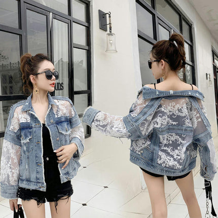 Women's See Through Floral Embroidery Lace Crop Denim Jacket Ripped Jean Jacket