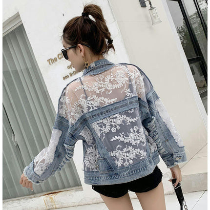 Women's See Through Floral Embroidery Lace Crop Denim Jacket Ripped Jean Jacket