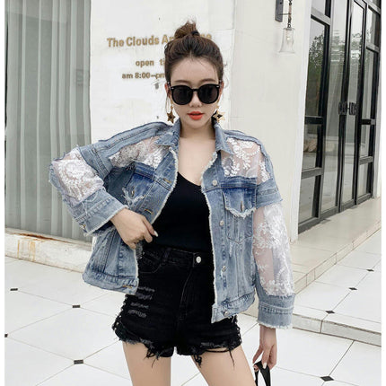 Women's See Through Floral Embroidery Lace Crop Denim Jacket Ripped Jean Jacket