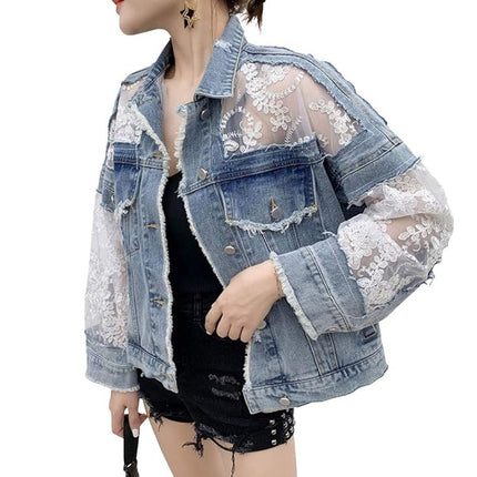 Women's See Through Floral Embroidery Lace Crop Denim Jacket Ripped Jean Jacket