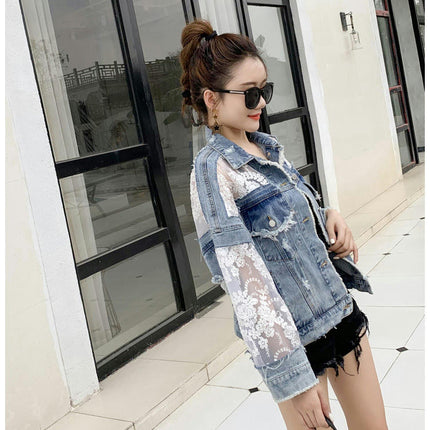 Women's See Through Floral Embroidery Lace Crop Denim Jacket Ripped Jean Jacket