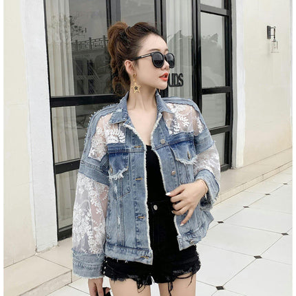 Women's See Through Floral Embroidery Lace Crop Denim Jacket Ripped Jean Jacket