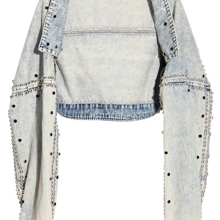 Women's Cropped Long Sleeve Jean Jacket Rivet Denim Jacket