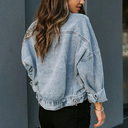 Women's Cropped Denim Jackets Long Sleeve Leopard Print Jean Coat