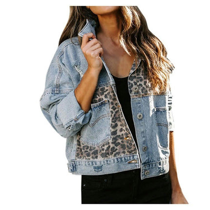 Women's Cropped Denim Jackets Long Sleeve Leopard Print Jean Coat