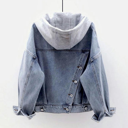 Women's Detachable Hoodie Denim Jacket Button Down Long Sleeve Jean Coat