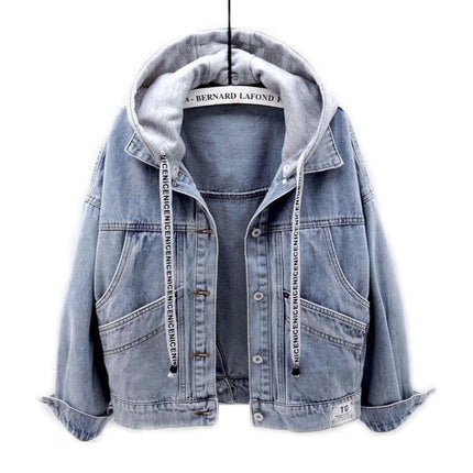 Women's Detachable Hoodie Denim Jacket Button Down Long Sleeve Jean Coat