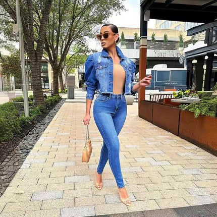 Women's Ripped Puff Sleeve Denim Crop Top Long-Sleeve Cropped Jean Jacket