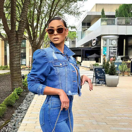 Women's Ripped Puff Sleeve Denim Crop Top Long-Sleeve Cropped Jean Jacket