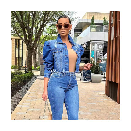 Women's Ripped Puff Sleeve Denim Crop Top Long-Sleeve Cropped Jean Jacket