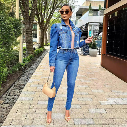 Women's Ripped Puff Sleeve Denim Crop Top Long-Sleeve Cropped Jean Jacket