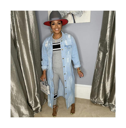 Women's Ripped Distressed Washed Long Denim Jacket Trench Coat