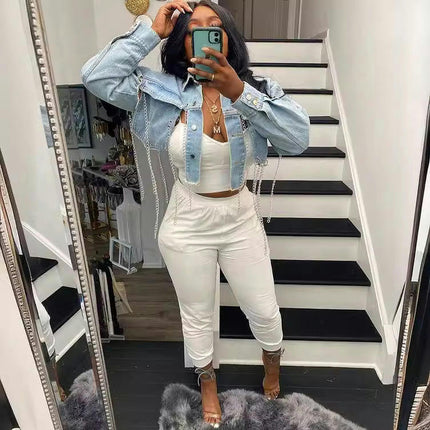 Women's Casual Long-Sleeve Ripped Crop Denim Jean Jacket