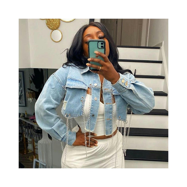 Women's Casual Long-Sleeve Ripped Crop Denim Jean Jacket