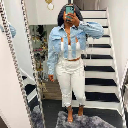 Women's Casual Long-Sleeve Ripped Crop Denim Jean Jacket