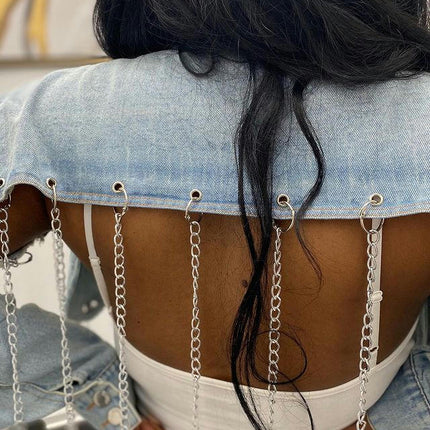 Women's Casual Long-Sleeve Ripped Crop Denim Jean Jacket