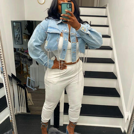 Women's Casual Long-Sleeve Ripped Crop Denim Jean Jacket