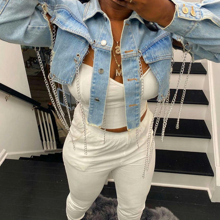 Women's Casual Long-Sleeve Ripped Crop Denim Jean Jacket