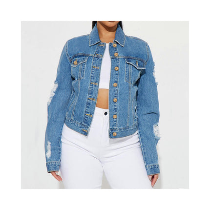 Women's Long-Sleeve Jean Jacket Button Down Cropped Distressed Denim Jacket