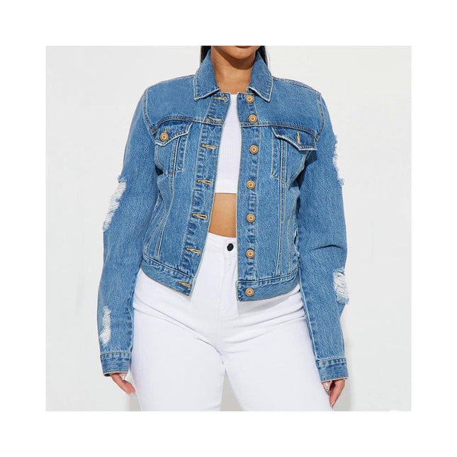 Women's Long-Sleeve Jean Jacket Button Down Cropped Distressed Denim Jacket