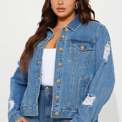 Women's Long-Sleeve Jean Jacket Button Down Cropped Distressed Denim Jacket