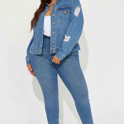 Women's Long-Sleeve Jean Jacket Button Down Cropped Distressed Denim Jacket