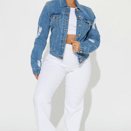 Women's Long-Sleeve Jean Jacket Button Down Cropped Distressed Denim Jacket