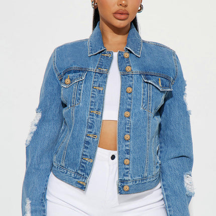 Women's Long-Sleeve Jean Jacket Button Down Cropped Distressed Denim Jacket