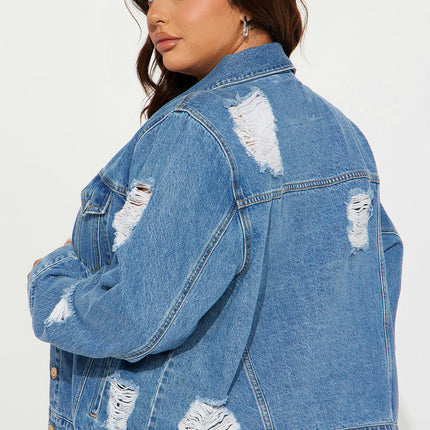 Women's Long-Sleeve Jean Jacket Button Down Cropped Distressed Denim Jacket