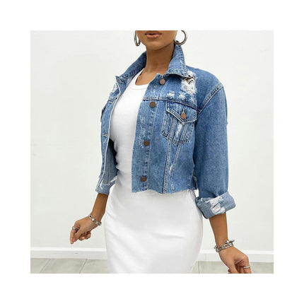 Women's Cropped Jean Jacket Button Up Casual Ripped Frayed Washed Denim Jacket