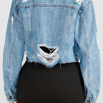 Women's Cropped Jean Jacket Button Up Casual Ripped Frayed Washed Denim Jacket