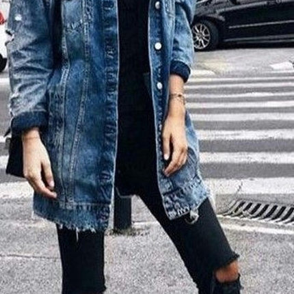 Women's Mid Long Long-Sleeve Denim Button Up Jacket Jean Coat