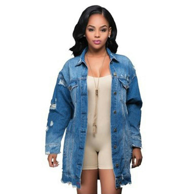 Women's Mid Long Long-Sleeve Denim Button Up Jacket Jean Coat