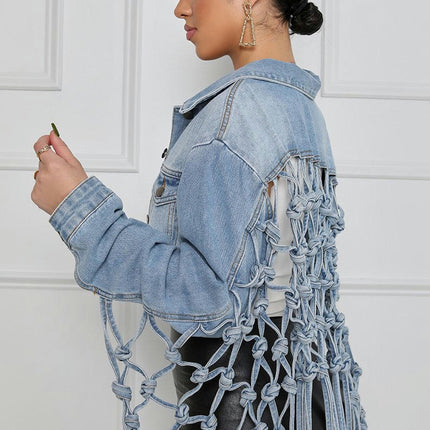 Womens Loose Long Fringe Distressed Denim Jacket Cropped Button Down Jean Coat