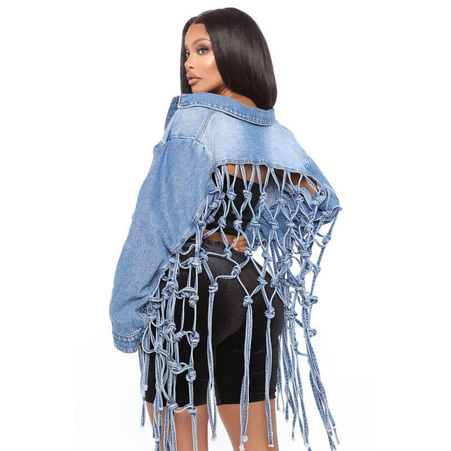 Womens Loose Long Fringe Distressed Denim Jacket Cropped Button Down Jean Coat