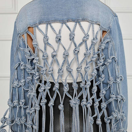 Womens Loose Long Fringe Distressed Denim Jacket Cropped Button Down Jean Coat