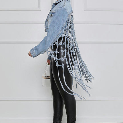 Womens Loose Long Fringe Distressed Denim Jacket Cropped Button Down Jean Coat