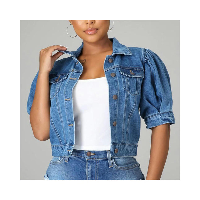 Women's Casual Puff Short Sleeve Slim Cropped Denim Jean Jacket