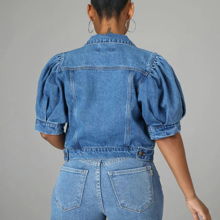 Women's Casual Puff Short Sleeve Slim Cropped Denim Jean Jacket