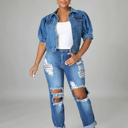 Women's Casual Puff Short Sleeve Slim Cropped Denim Jean Jacket