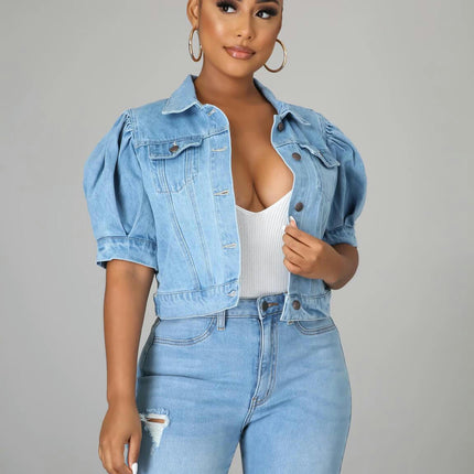 Women's Casual Puff Short Sleeve Slim Cropped Denim Jean Jacket