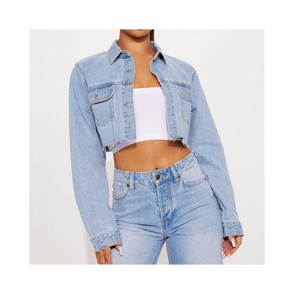 Women's Long Sleeve Frayed Washed Button Up Cropped Denim Jacket