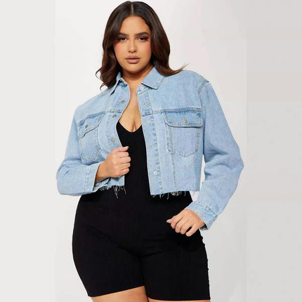 Women's Long Sleeve Frayed Washed Button Up Cropped Denim Jacket