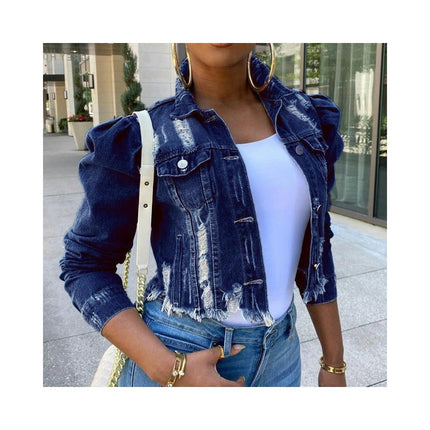 Women's Casual Puff Long Sleeve Frayed Cropped Denim Jean Jacket