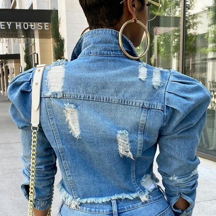 Women's Casual Puff Long Sleeve Frayed Cropped Denim Jean Jacket