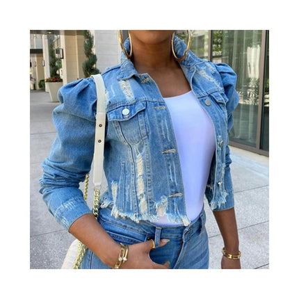 Women's Casual Puff Long Sleeve Frayed Cropped Denim Jean Jacket