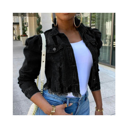 Women's Casual Puff Long Sleeve Frayed Cropped Denim Jean Jacket