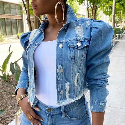 Women's Casual Puff Long Sleeve Frayed Cropped Denim Jean Jacket